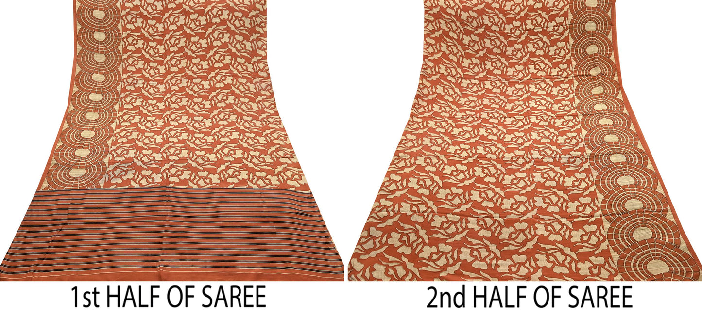 Indian Vintage Sari Orange & Beige Pure Crepe Silk Hand Woven Sarees 6yd Sewing Craft Fabric Dress making Crafting Quilting