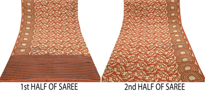 Indian Vintage Sari Orange & Beige Pure Crepe Silk Hand Woven Sarees 6yd Sewing Craft Fabric Dress making Crafting Quilting