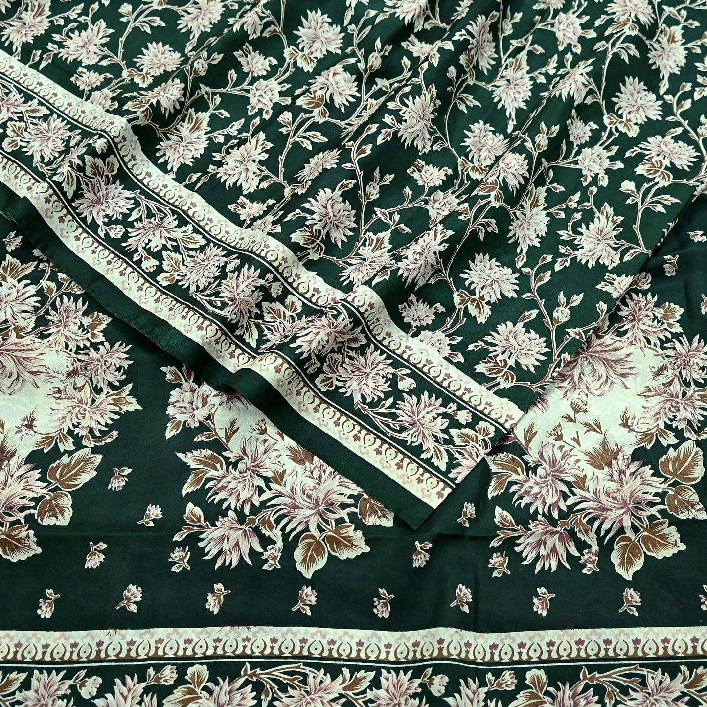 Indian Vintage Ivory & Green Saree Pure Silk Printed Sari 6yd Sewing Craft Fabric Dress Making Soft Crafting Quilting Quilting Upcycle