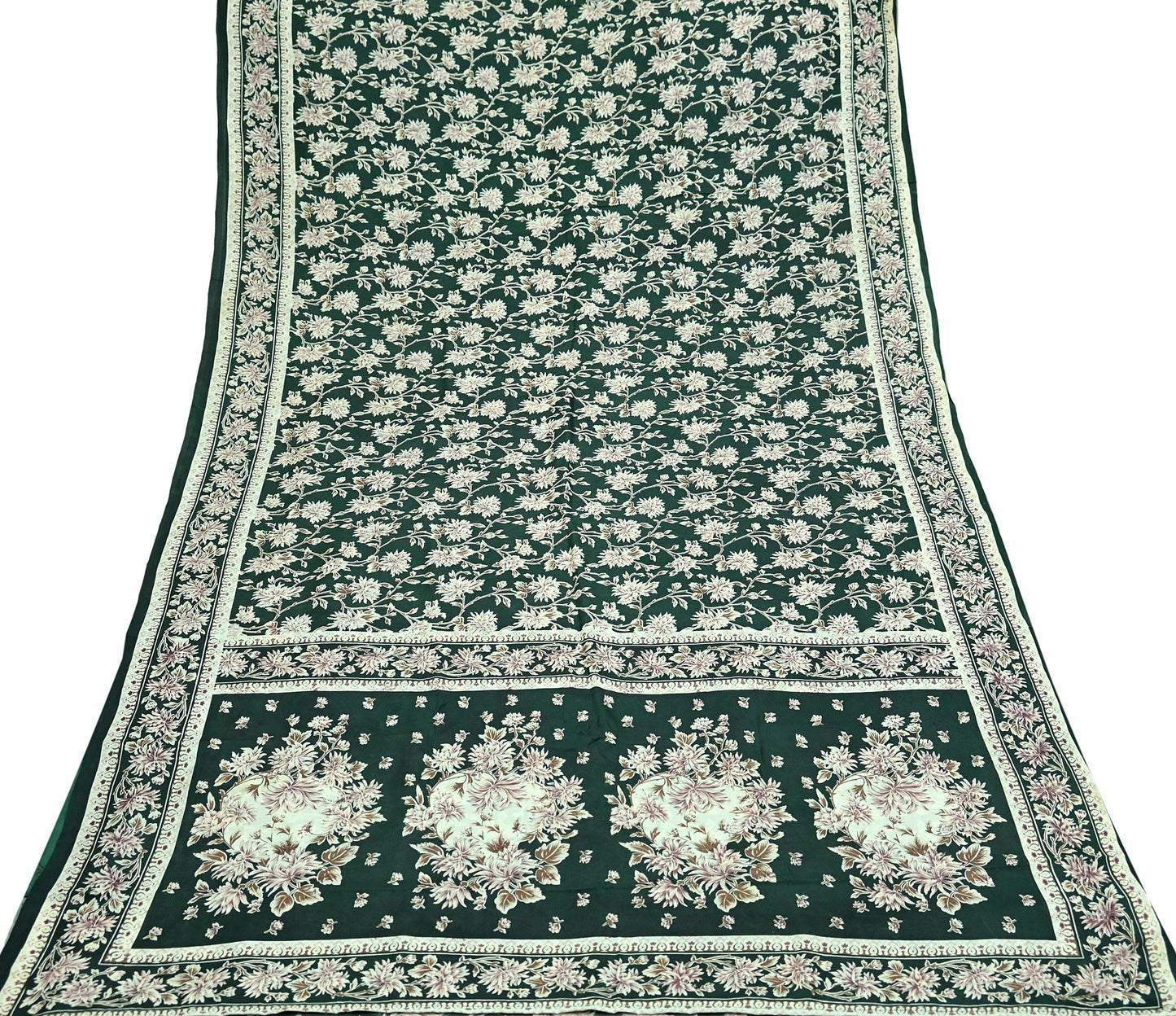 Indian Vintage Ivory & Green Saree Pure Silk Printed Sari 6yd Sewing Craft Fabric Dress Making Soft Crafting Quilting Quilting Upcycle