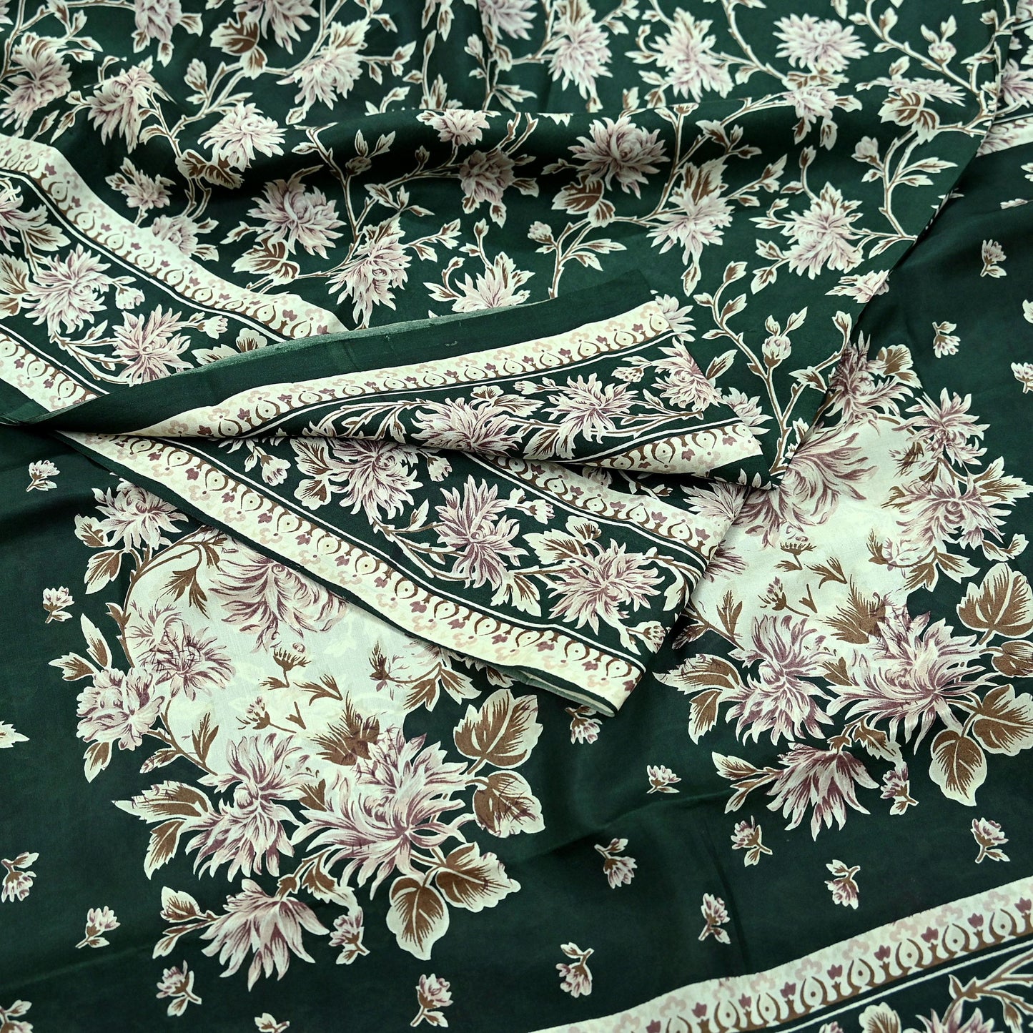 Indian Vintage Ivory & Green Saree Pure Silk Printed Sari 6yd Sewing Craft Fabric Dress Making Soft Crafting Quilting Quilting Upcycle