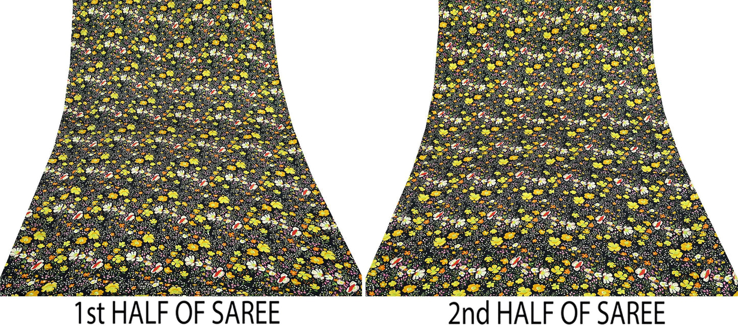 Indian Vintage Sari Black Printed 100% Pure Satin Silk Sarees 5yd Sewing Craft Fabric Dress Making Wrap Upcycle Quilting Crafting