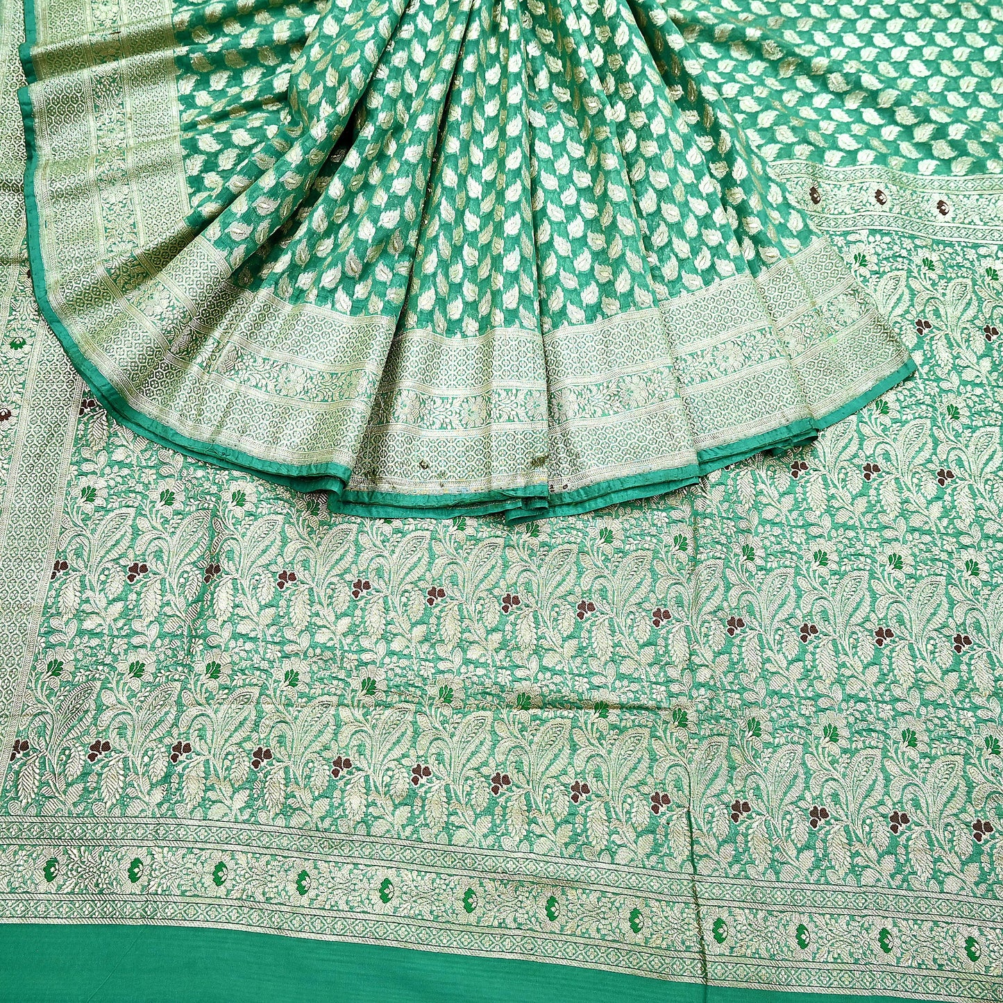 Vintage Sari Green Heavy Pure Satin Silk Woven Banarasi Brocade Saree Zari 5Yd Dress making Bridal/wedding Sari Crafting Dress making