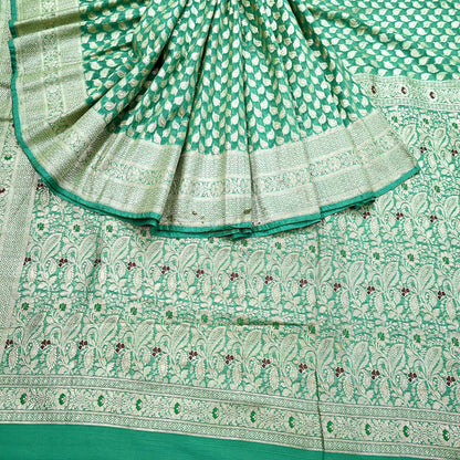 Vintage Sari Green Heavy Pure Satin Silk Woven Banarasi Brocade Saree Zari 5Yd Dress making Bridal/wedding Sari Crafting Dress making