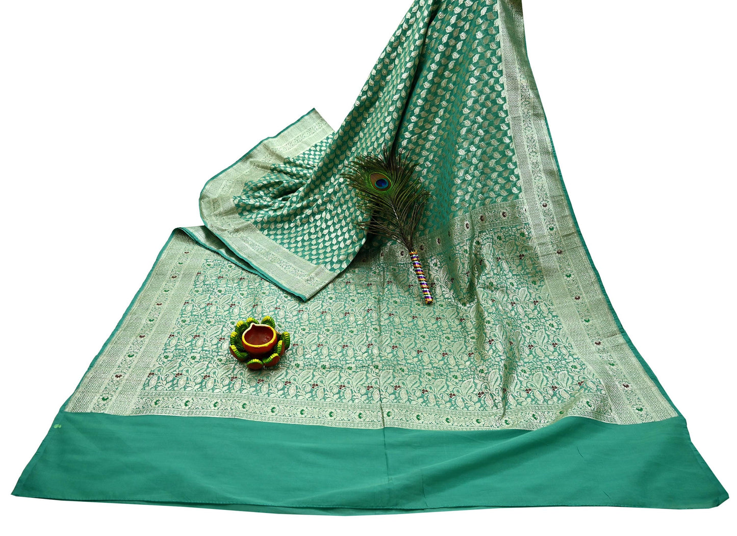 Vintage Sari Green Heavy Pure Satin Silk Woven Banarasi Brocade Saree Zari 5Yd Dress making Bridal/wedding Sari Crafting Dress making