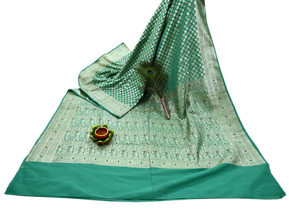 Vintage Sari Green Heavy Pure Satin Silk Woven Banarasi Brocade Saree Zari 5Yd Dress making Bridal/wedding Sari Crafting Dress making