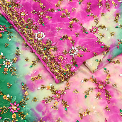 Indian Vintage Heavy Bridal Dupatta Pure Georgette Silk Long Stole Hand Embroidered Scarf Zardozi/Dabka Wedding Hijab veil Boho