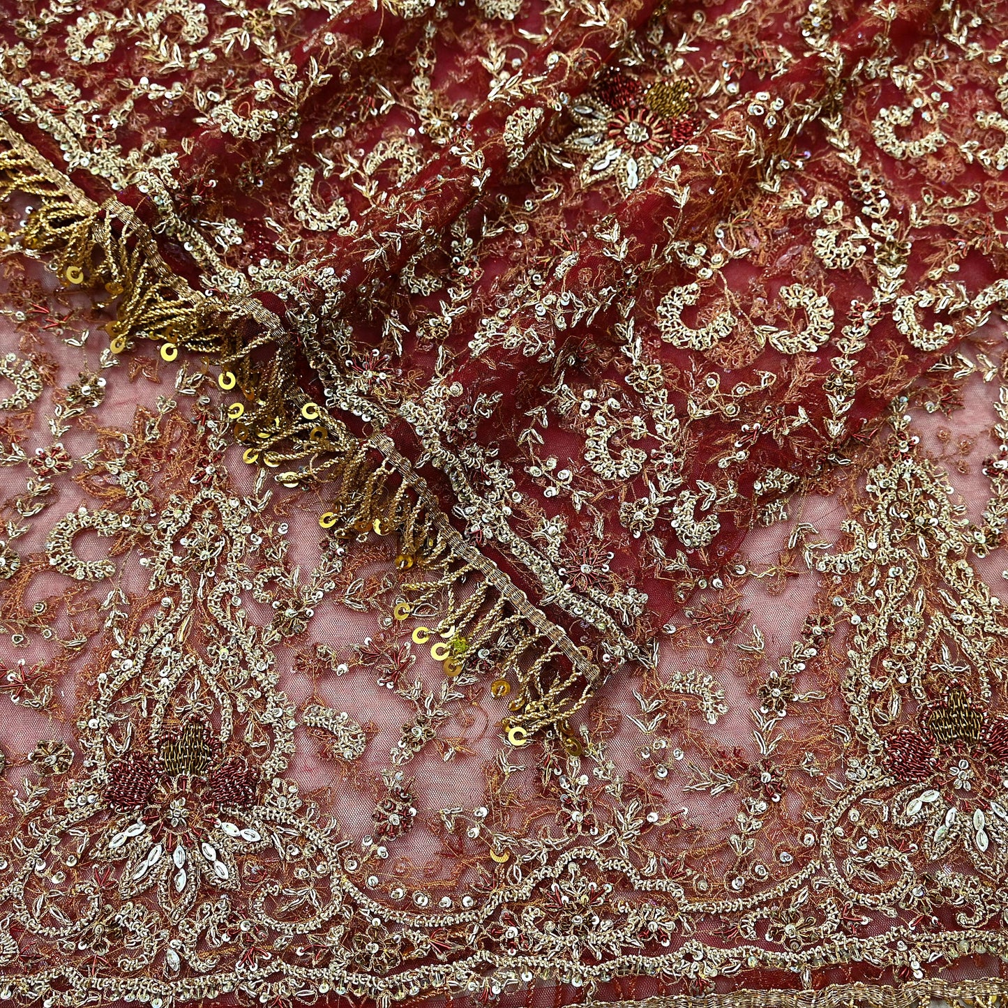 Indian Vintage Heavy Bridal Maroon Dupatta Net Mesh Long Stole Hand Embroidered Scarves Zardozi Dabka Zari Wedding dupatta veil hijab