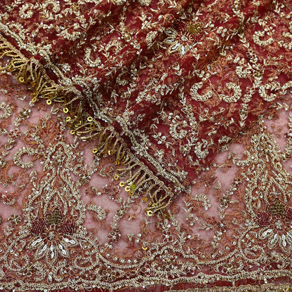 Indian Vintage Heavy Bridal Maroon Dupatta Net Mesh Long Stole Hand Embroidered Scarves Zardozi Dabka Zari Wedding dupatta veil hijab