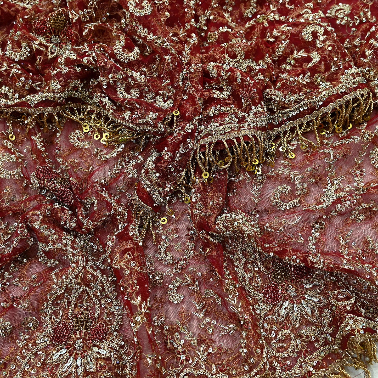 Indian Vintage Heavy Bridal Maroon Dupatta Net Mesh Long Stole Hand Embroidered Scarves Zardozi Dabka Zari Wedding dupatta veil hijab