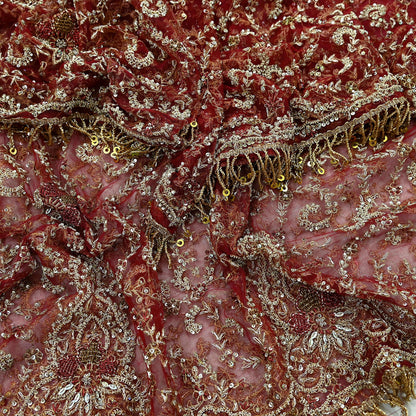 Indian Vintage Heavy Bridal Maroon Dupatta Net Mesh Long Stole Hand Embroidered Scarves Zardozi Dabka Zari Wedding dupatta veil hijab