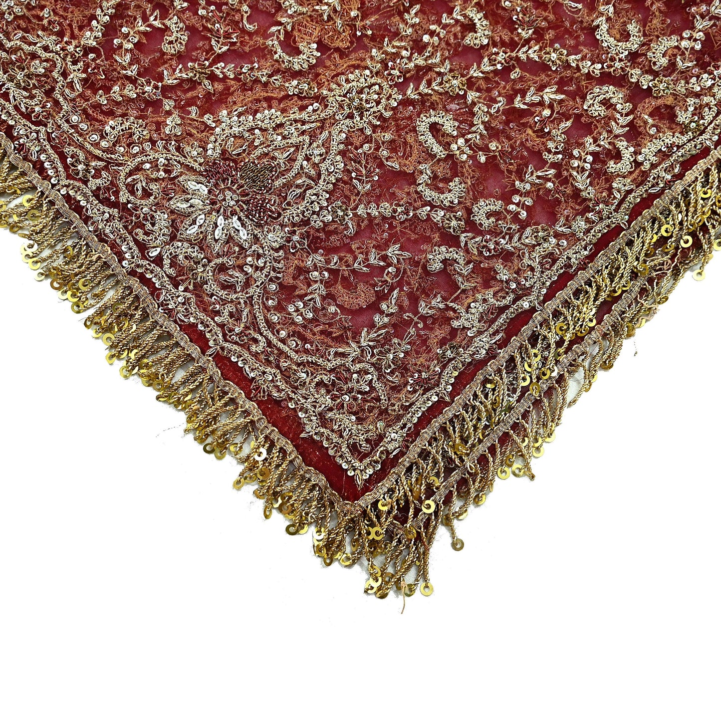 Indian Vintage Heavy Bridal Maroon Dupatta Net Mesh Long Stole Hand Embroidered Scarves Zardozi Dabka Zari Wedding dupatta veil hijab