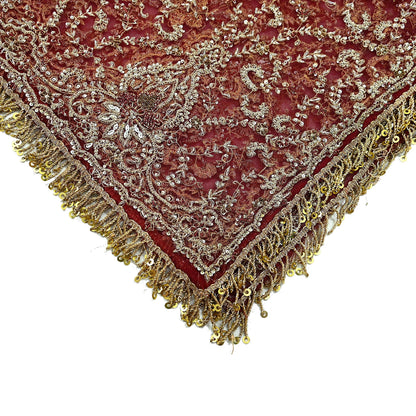 Indian Vintage Heavy Bridal Maroon Dupatta Net Mesh Long Stole Hand Embroidered Scarves Zardozi Dabka Zari Wedding dupatta veil hijab