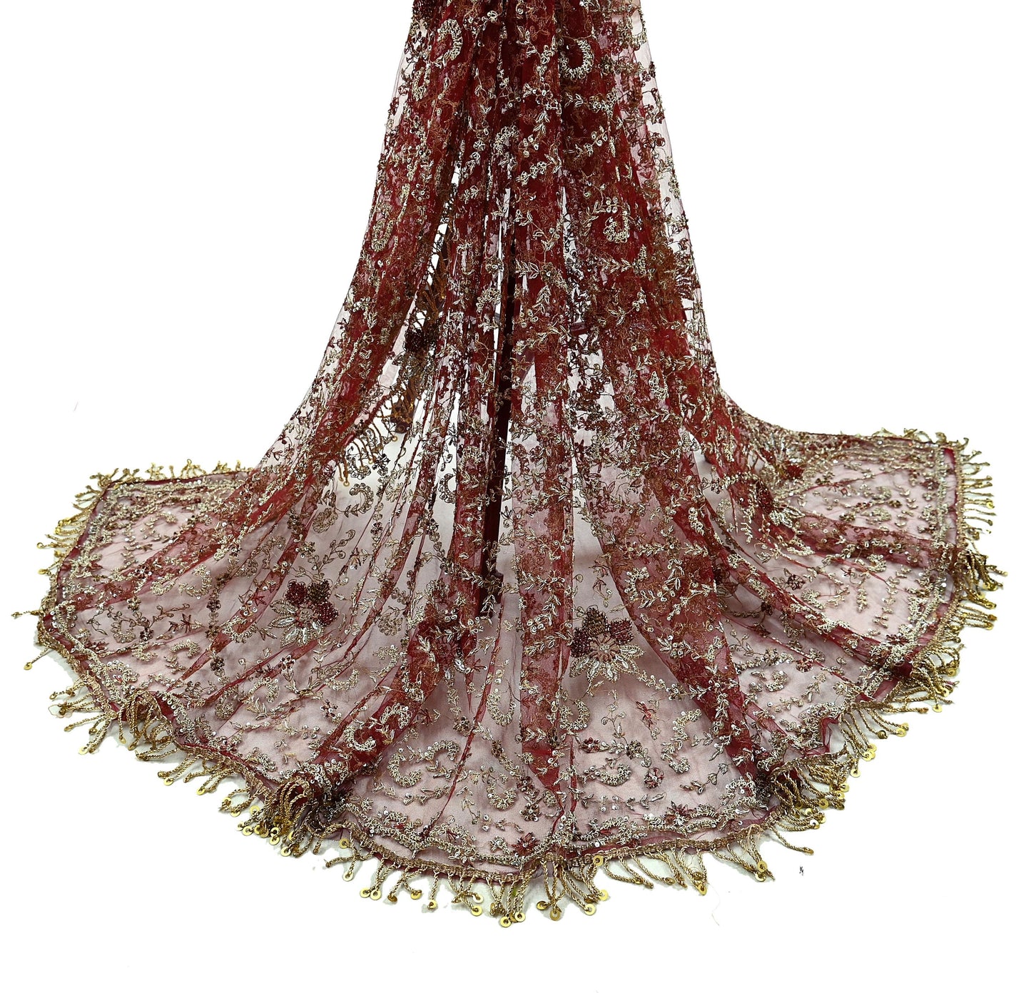 Indian Vintage Heavy Bridal Maroon Dupatta Net Mesh Long Stole Hand Embroidered Scarves Zardozi Dabka Zari Wedding dupatta veil hijab