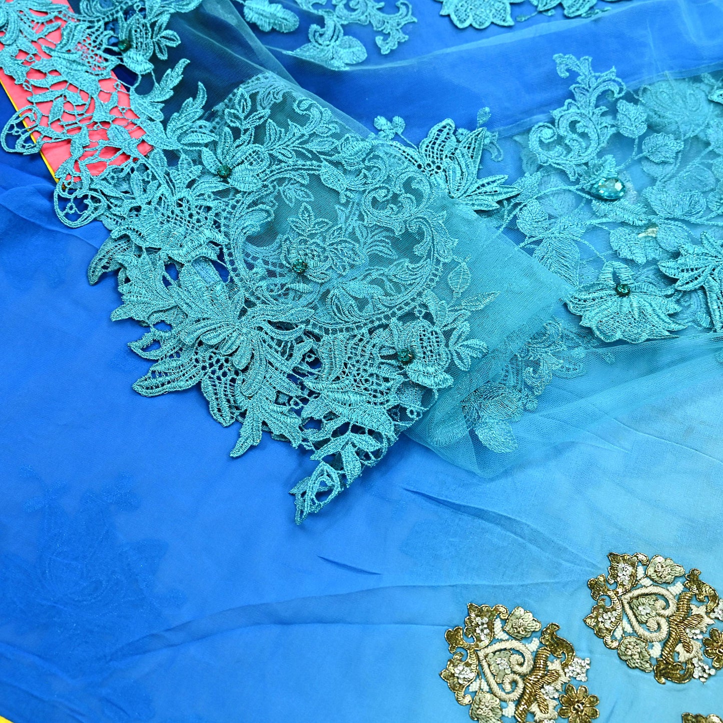 Indian Vintage Sari Blue Pure Georgette Silk/Net Hand Beaded Sarees Fabric 6Yd Sewing Ethnic Dress making Quilting Bollywood