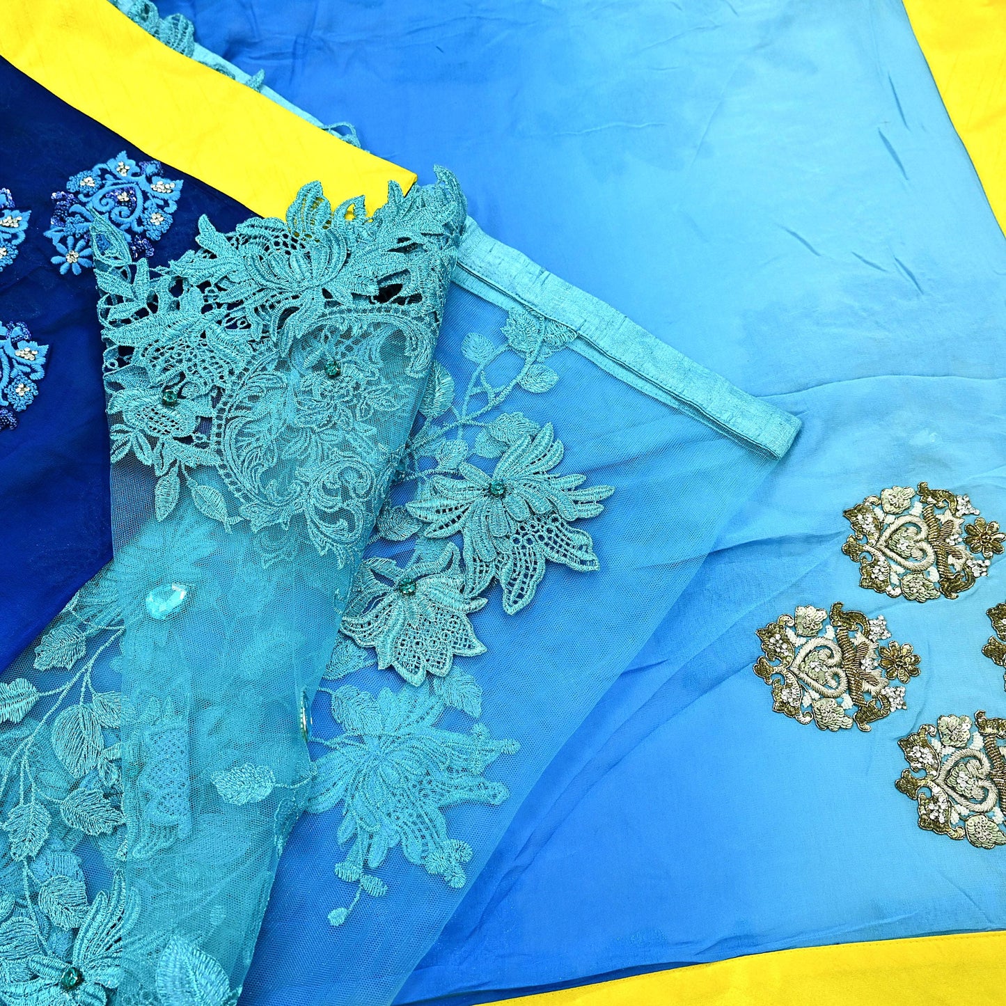 Indian Vintage Sari Blue Pure Georgette Silk/Net Hand Beaded Sarees Fabric 6Yd Sewing Ethnic Dress making Quilting Bollywood