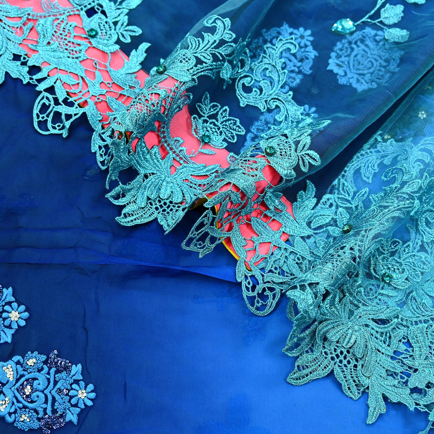 Indian Vintage Sari Blue Pure Georgette Silk/Net Hand Beaded Sarees Fabric 6Yd Sewing Ethnic Dress making Quilting Bollywood