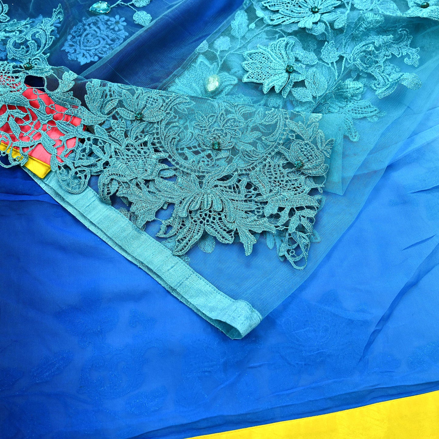 Indian Vintage Sari Blue Pure Georgette Silk/Net Hand Beaded Sarees Fabric 6Yd Sewing Ethnic Dress making Quilting Bollywood