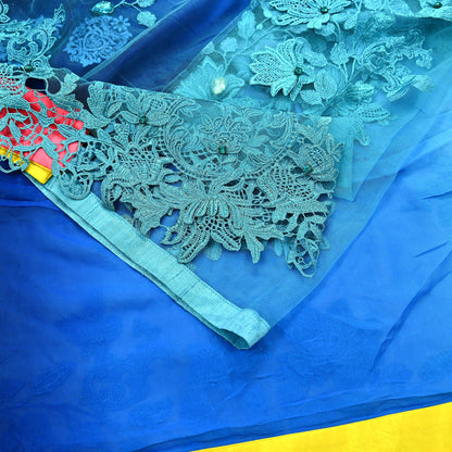 Indian Vintage Sari Blue Pure Georgette Silk/Net Hand Beaded Sarees Fabric 6Yd Sewing Ethnic Dress making Quilting Bollywood