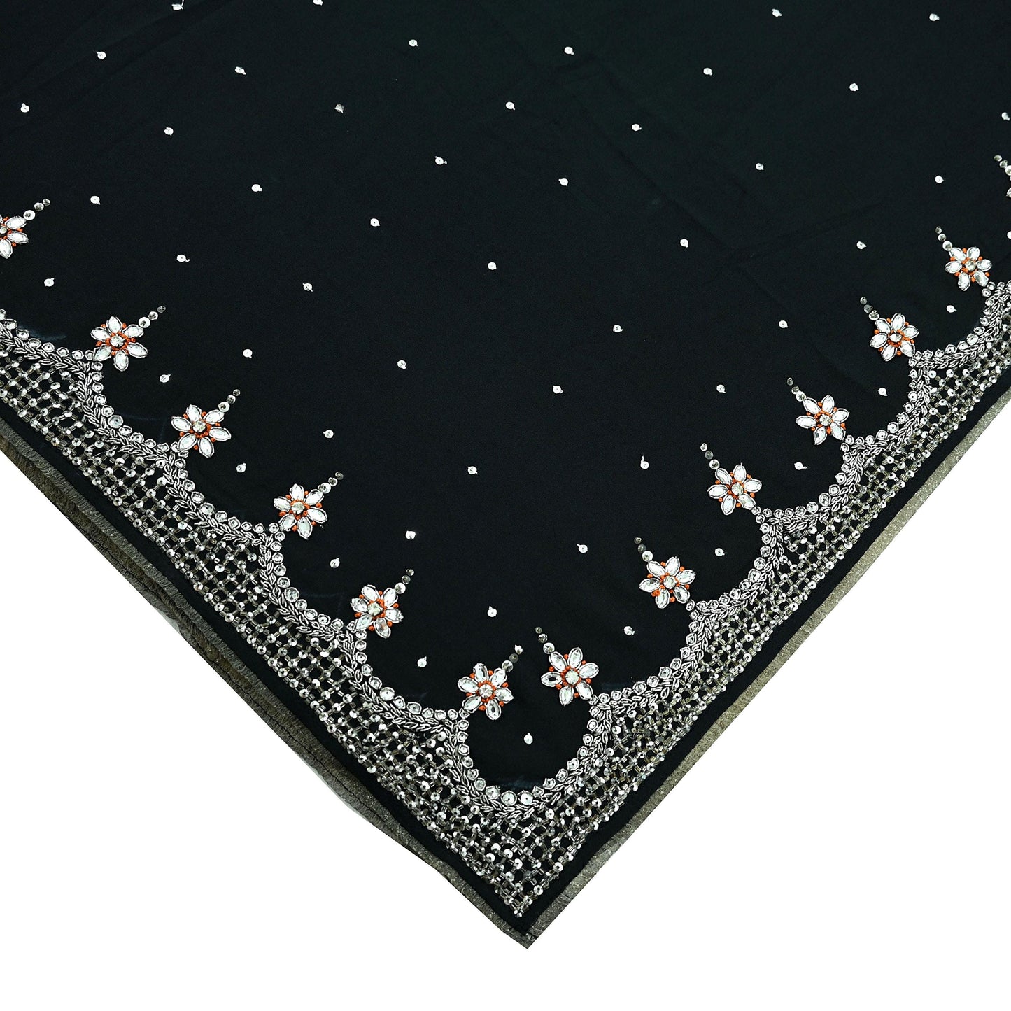 Indian Vintage Sari Black Pure Georgette Silk Hand Embroidered Sarees Craft Fabric 5Yd Sewing Soft Ethnic Zardozi/ Dabka Dress making