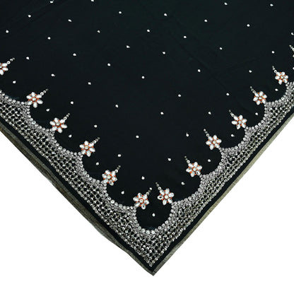 Indian Vintage Sari Black Pure Georgette Silk Hand Embroidered Sarees Craft Fabric 5Yd Sewing Soft Ethnic Zardozi/ Dabka Dress making