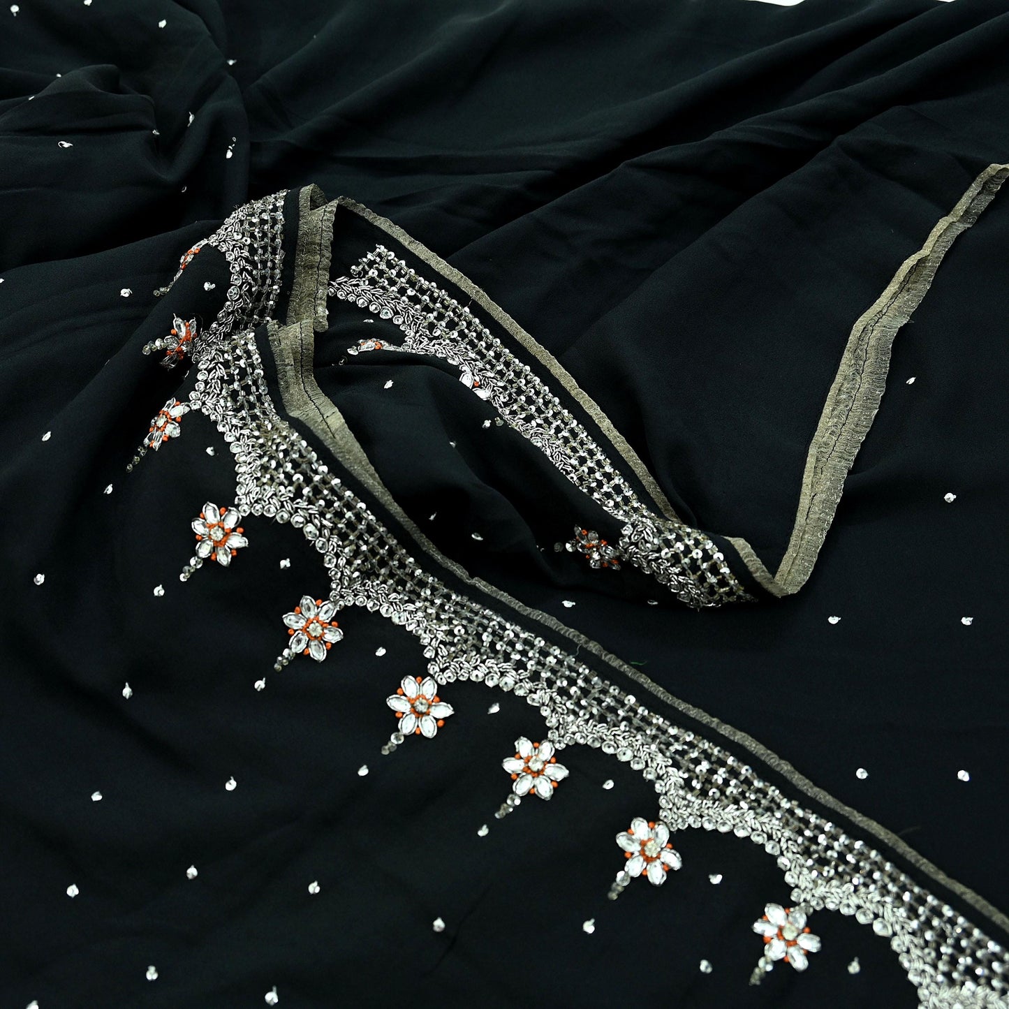 Indian Vintage Sari Black Pure Georgette Silk Hand Embroidered Sarees Craft Fabric 5Yd Sewing Soft Ethnic Zardozi/ Dabka Dress making