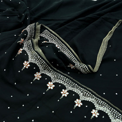 Indian Vintage Sari Black Pure Georgette Silk Hand Embroidered Sarees Craft Fabric 5Yd Sewing Soft Ethnic Zardozi/ Dabka Dress making