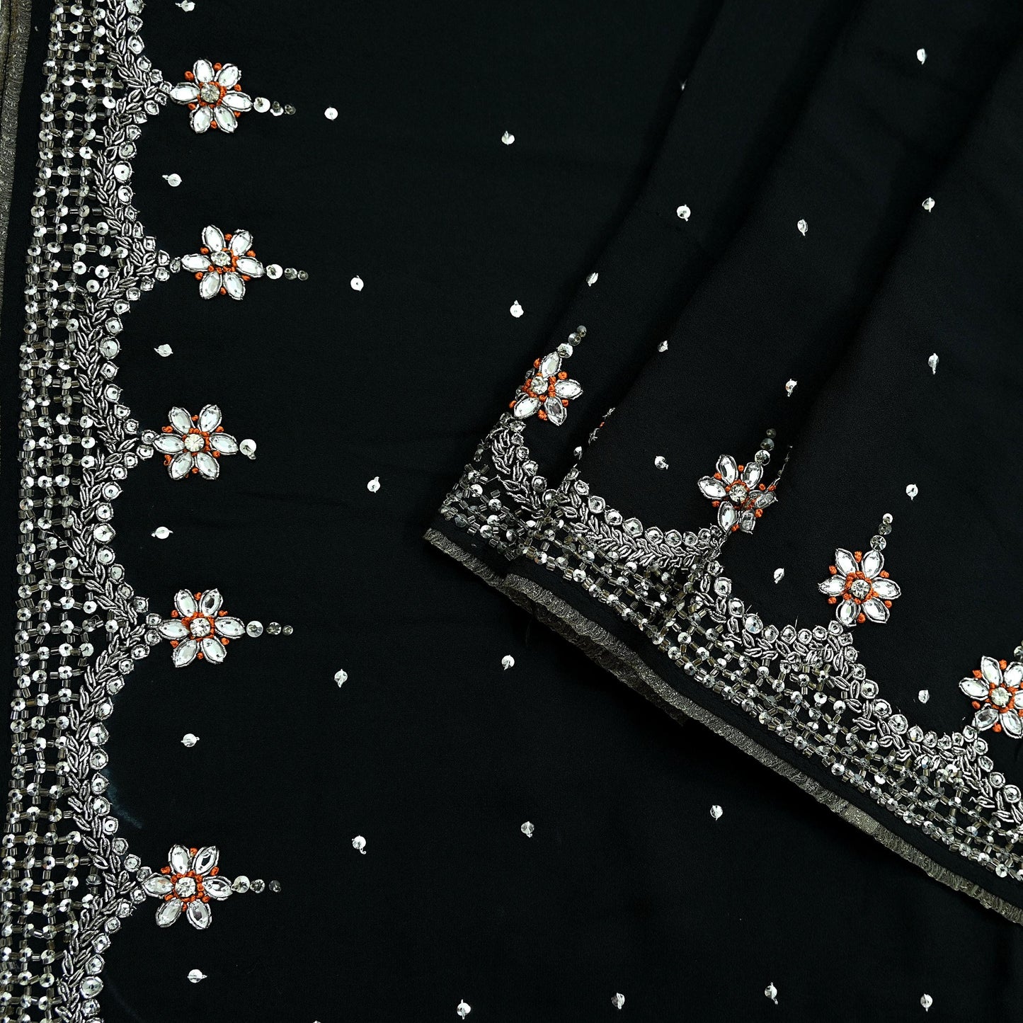 Indian Vintage Sari Black Pure Georgette Silk Hand Embroidered Sarees Craft Fabric 5Yd Sewing Soft Ethnic Zardozi/ Dabka Dress making