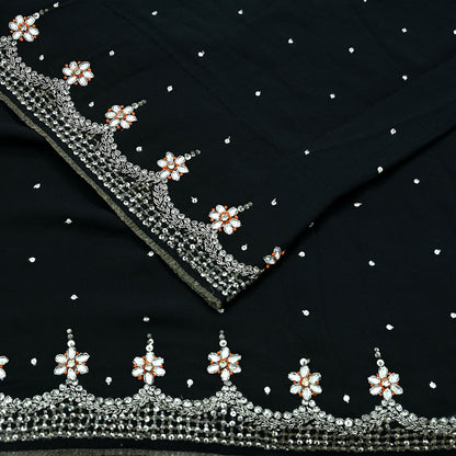 Indian Vintage Sari Black Pure Georgette Silk Hand Embroidered Sarees Craft Fabric 5Yd Sewing Soft Ethnic Zardozi/ Dabka Dress making