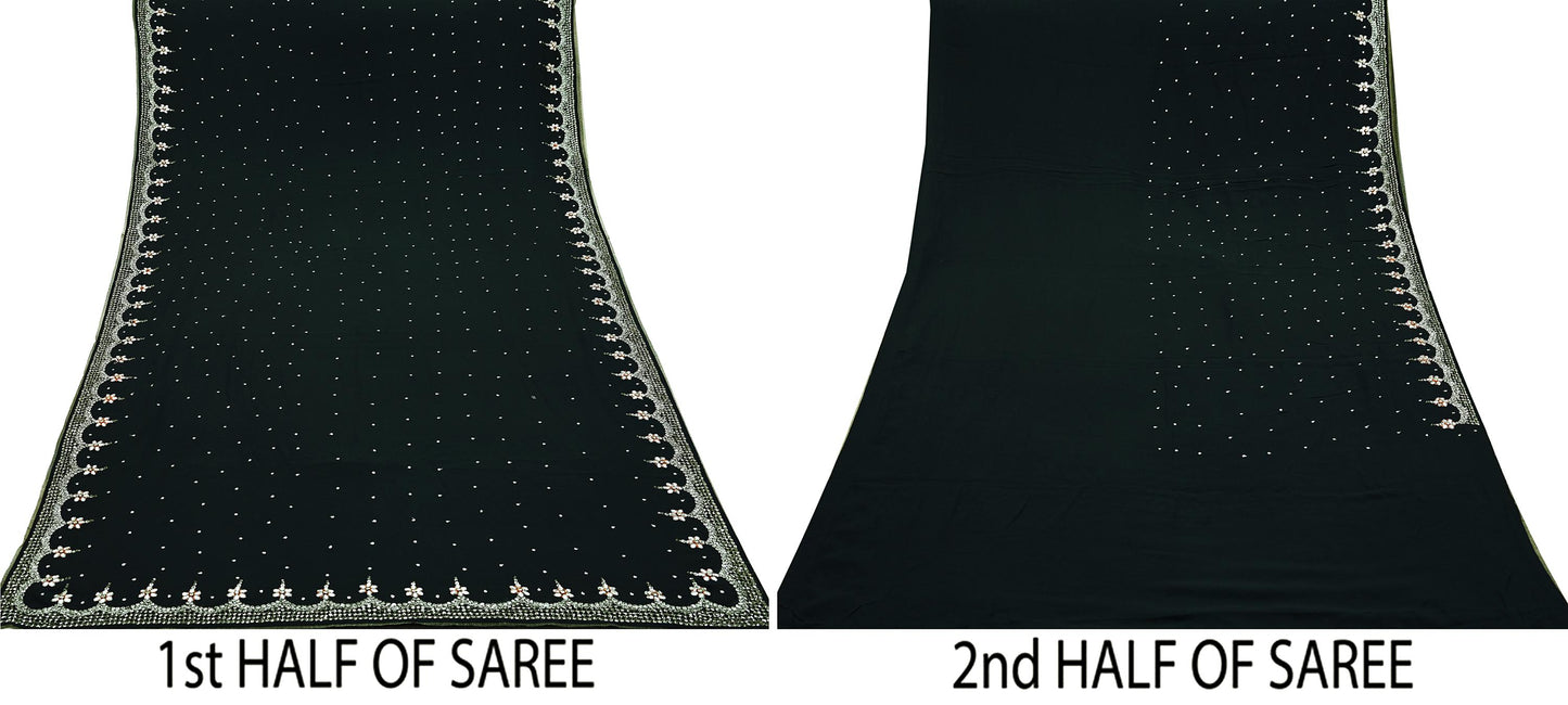 Indian Vintage Sari Black Pure Georgette Silk Hand Embroidered Sarees Craft Fabric 5Yd Sewing Soft Ethnic Zardozi/ Dabka Dress making