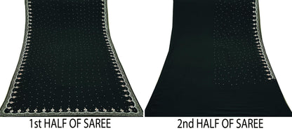 Indian Vintage Sari Black Pure Georgette Silk Hand Embroidered Sarees Craft Fabric 5Yd Sewing Soft Ethnic Zardozi/ Dabka Dress making