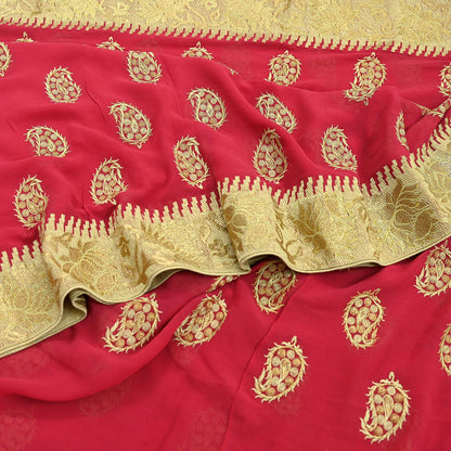 Indian Vintage Heavy Sarees Pink Pure Georgette Silk Hand Embroidered Sari Fabric 6Yd Sewing Ethnic Sequins Wedding sarees