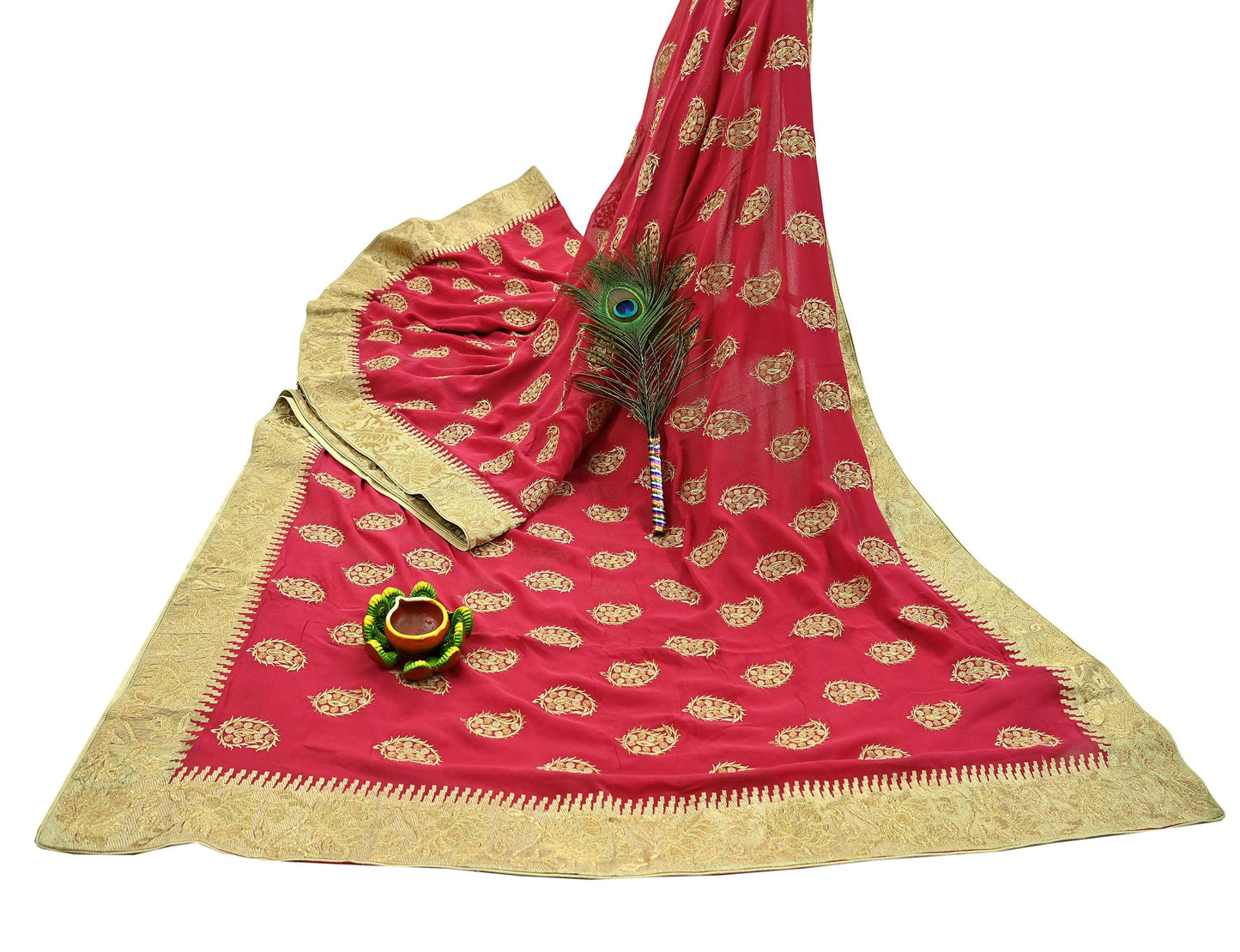 Indian Vintage Heavy Sarees Pink Pure Georgette Silk Hand Embroidered Sari Fabric 6Yd Sewing Ethnic Sequins Wedding sarees