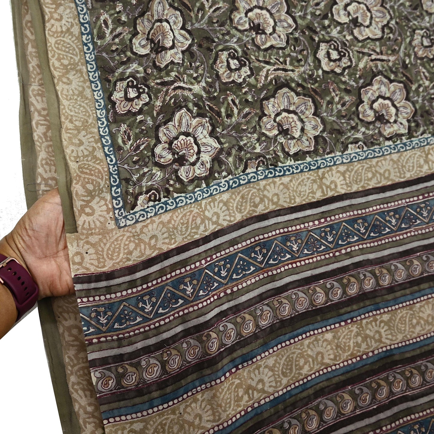 Women Vintage Sari Green & Brown Pure Georgette Silk Block Printed Saree Craft Fabric Sewing 5Yd Soft Light Dress Making Floral