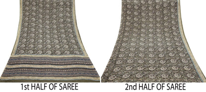 Women Vintage Sari Green & Brown Pure Georgette Silk Block Printed Saree Craft Fabric Sewing 5Yd Soft Light Dress Making Floral