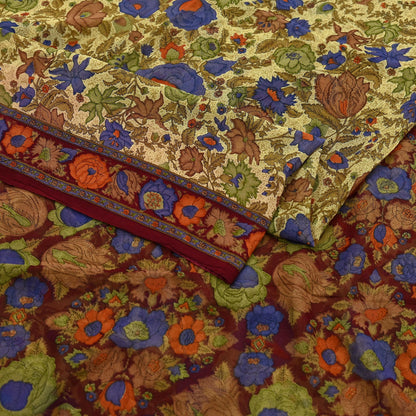 Indian Vintage Sari Beige & Maroon Pure Georgette Silk Printed Sarees Craft Fabric Sewing 5Yd Soft Dress Making Crafting Quilting Upcycle