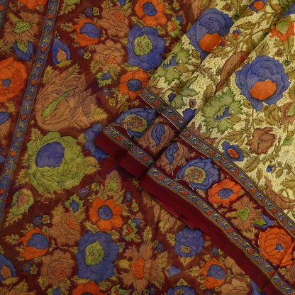 Indian Vintage Sari Beige & Maroon Pure Georgette Silk Printed Sarees Craft Fabric Sewing 5Yd Soft Dress Making Crafting Quilting Upcycle