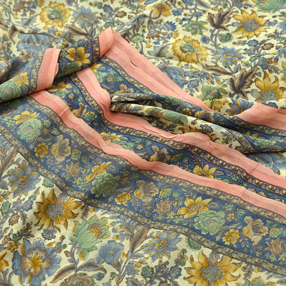 Indian Vintage Sari Beige & Peach Pure Georgette Silk Printed Sarees 6Yd Craft Fabric Sewing Quilting Dress making Crafting Quilting Upcycle