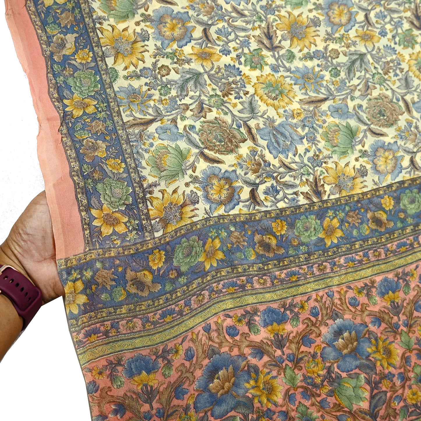 Indian Vintage Sari Beige & Peach Pure Georgette Silk Printed Sarees 6Yd Craft Fabric Sewing Quilting Dress making Crafting Quilting Upcycle