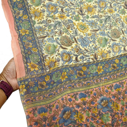 Indian Vintage Sari Beige & Peach Pure Georgette Silk Printed Sarees 6Yd Craft Fabric Sewing Quilting Dress making Crafting Quilting Upcycle