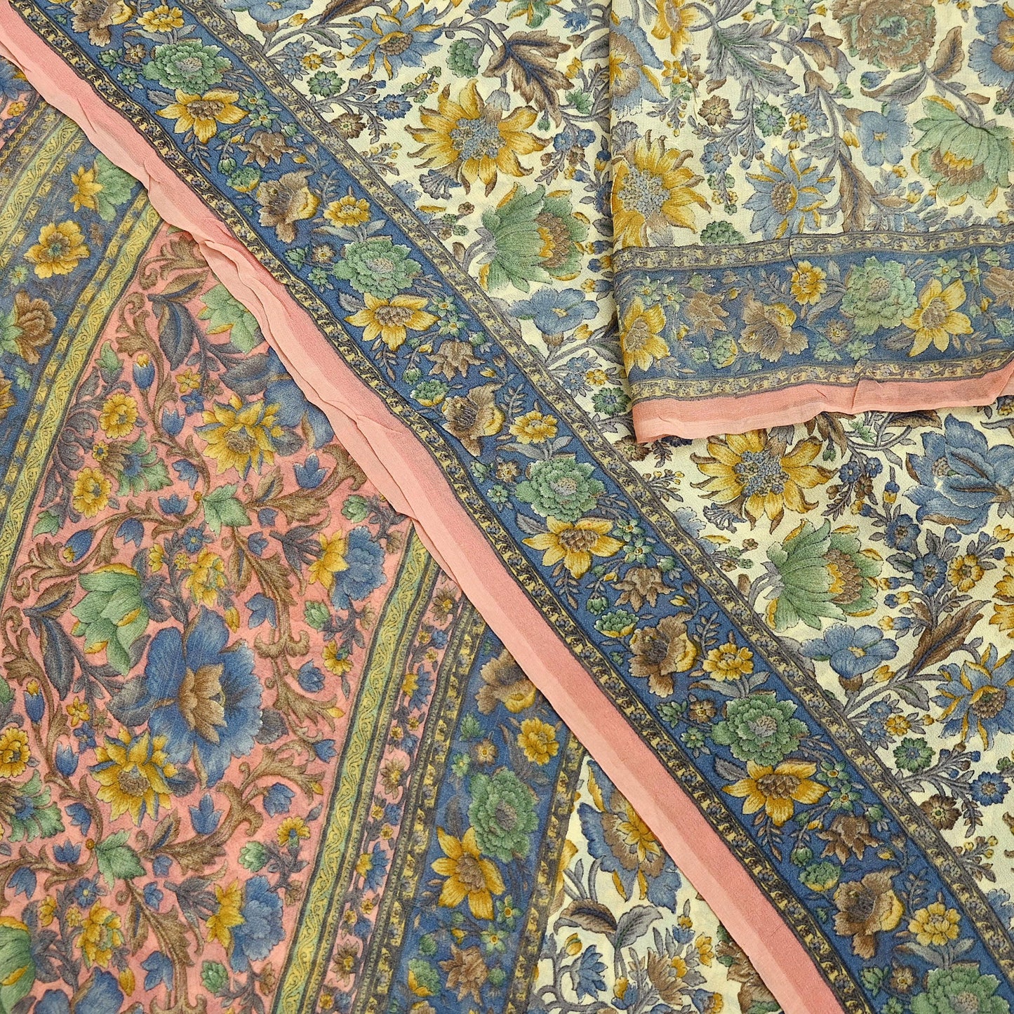 Indian Vintage Sari Beige & Peach Pure Georgette Silk Printed Sarees 6Yd Craft Fabric Sewing Quilting Dress making Crafting Quilting Upcycle