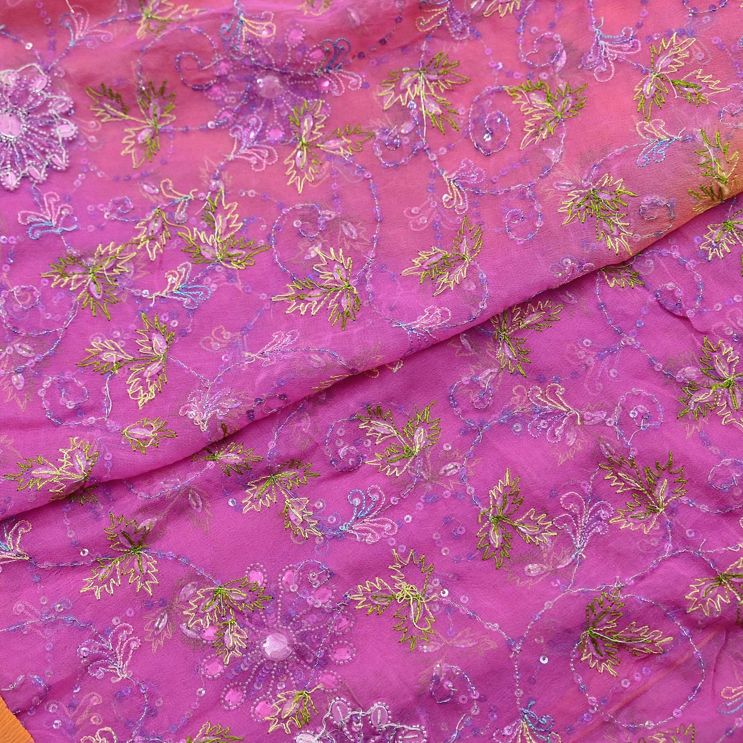 Indian Vintage Orange & Pink Dupatta Pure Georgette silk Long Stole Hand Embroidered Scarves Stole Veil Wrap Sequins