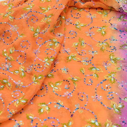 Indian Vintage Orange & Pink Dupatta Pure Georgette silk Long Stole Hand Embroidered Scarves Stole Veil Wrap Sequins
