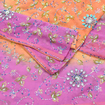 Indian Vintage Orange & Pink Dupatta Pure Georgette silk Long Stole Hand Embroidered Scarves Stole Veil Wrap Sequins