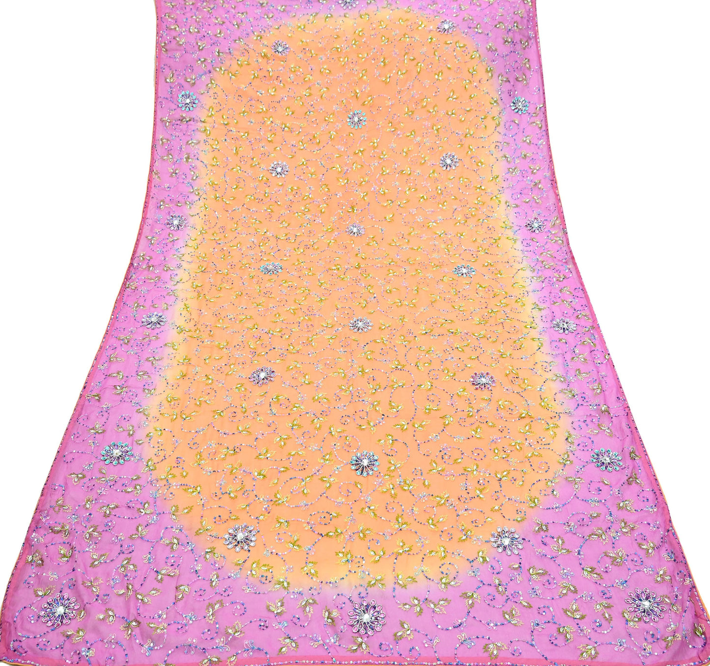 Indian Vintage Orange & Pink Dupatta Pure Georgette silk Long Stole Hand Embroidered Scarves Stole Veil Wrap Sequins