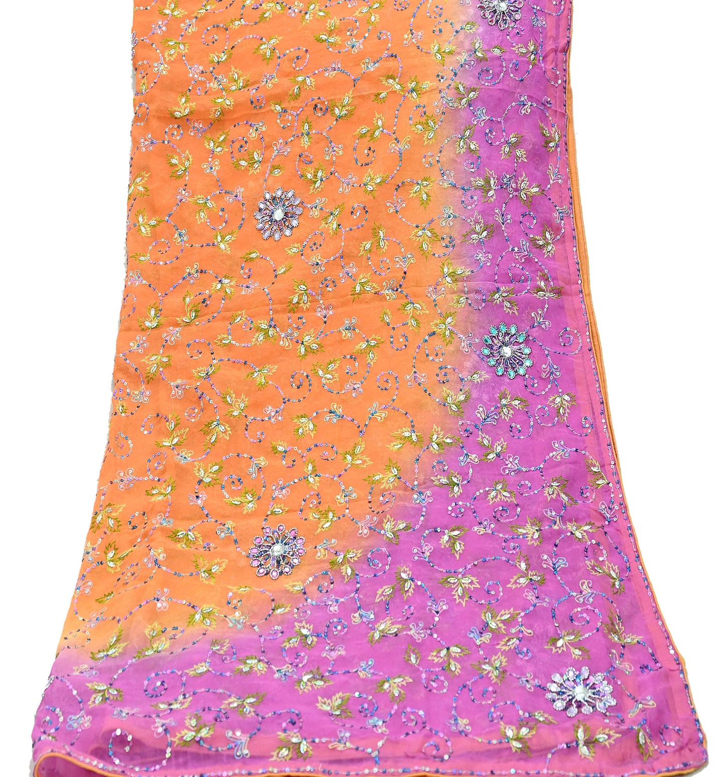 Indian Vintage Orange & Pink Dupatta Pure Georgette silk Long Stole Hand Embroidered Scarves Stole Veil Wrap Sequins