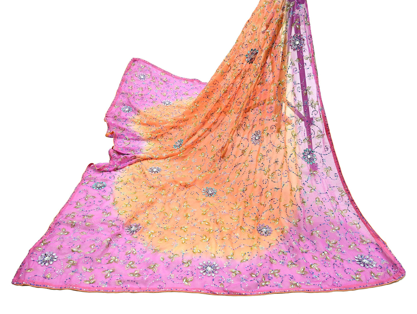 Indian Vintage Orange & Pink Dupatta Pure Georgette silk Long Stole Hand Embroidered Scarves Stole Veil Wrap Sequins