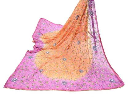 Indian Vintage Orange & Pink Dupatta Pure Georgette silk Long Stole Hand Embroidered Scarves Stole Veil Wrap Sequins