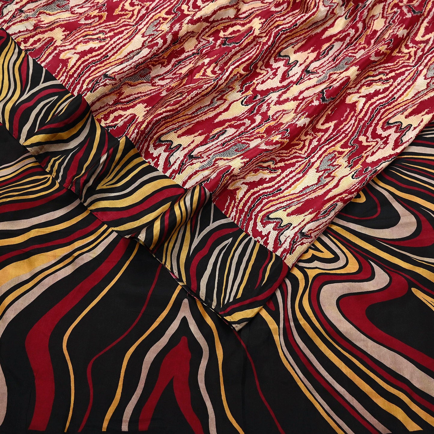 Indian Vintage Sari Black & Red Pure Silk Printed Sarees 5yd Sewing Craft Fabric Dress Making Soft Quilting Crafting Upcycle Used Abstract