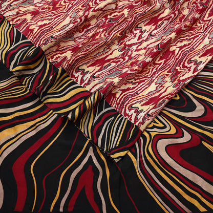 Indian Vintage Sari Black & Red Pure Silk Printed Sarees 5yd Sewing Craft Fabric Dress Making Soft Quilting Crafting Upcycle Used Abstract